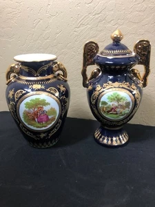 Jarrón Barroco con Tapa Cobalto Fragonard Porcelana Azul y Dorado + Jarrón Abierto (PAR) - Imagen 1 de 6
