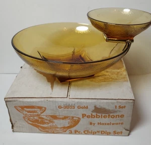 Vintage Hazel Atlas Chips & Dip Glass Bowl Gold Pebbletone original box G2033 - Picture 1 of 11