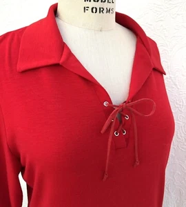 Red Stretch Knit 3/4 Sleeve Shirt Lace Up Top Women's 90s Large Vtg Carol Rose - Picture 1 of 14