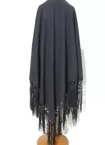 Victorian Black Mourning Piano Shawl w Fancy Knotted Fringe - Picture 1 of 8