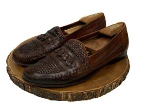 Santoni Shoes 9.5 D Mens Italy Woven Leather Brown Loafers Italy