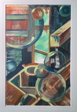 Vintage 70s Abstract Shapes Figures Painting Mid Century Modern Signed Wall Art