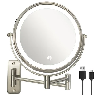  8" Wall Mounted Lighted Makeup Mirror,Rechargeable Double Sided Brushed Nickel - Изображение 1 из 4