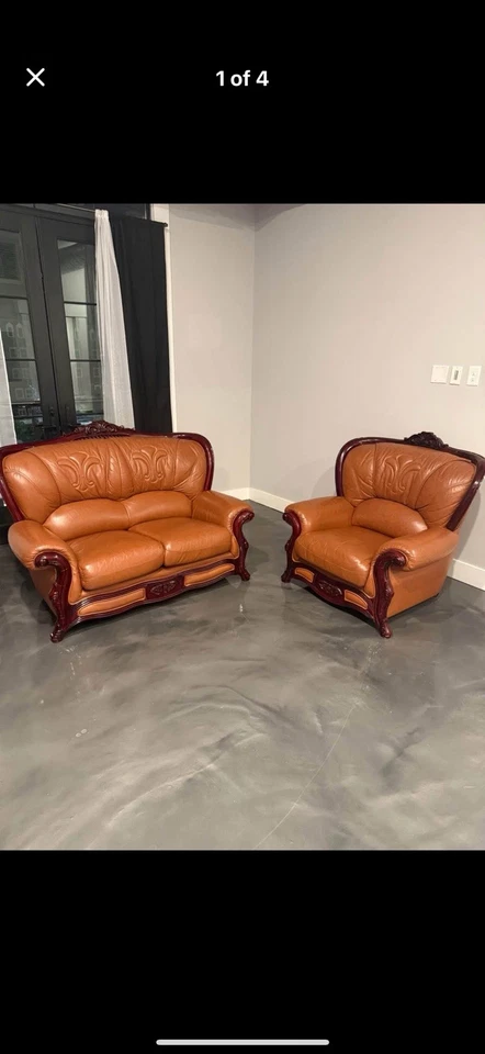 Sillón y sillón de cuero a juego hechos a mano con cuero genuino tostado rico Foto 1 de 2