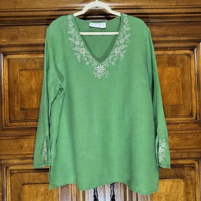 Top túnica de lino Tweeds para mujer PLUS 1X bordado floral boho cuello en V *LEER* Foto 1 de 4