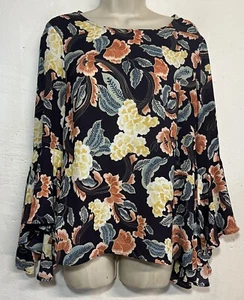 Rose Olive Medium Blouse Dark Blue Floral Long Bell Sleeve Boho Top - Picture 1 of 6