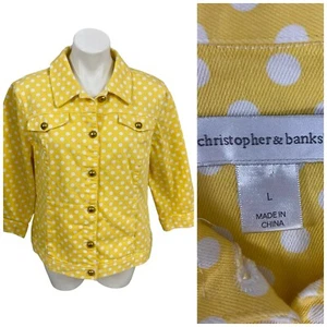 Christopher & Banks Denim Jacket Women Large Yellow Polka Dot Work Picnic Garden - Picture 1 of 17