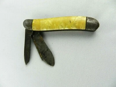 NAVAJA PLEGABLE DE BOLSILLO VINTAGE 2 HOJAS MANGO AMARILLO 3" CERRADA Foto 1 de 4