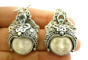 Bali Goddess Close Eyes Blue Topaz 925 Sterling Silver Earrings - Picture 1 of 3