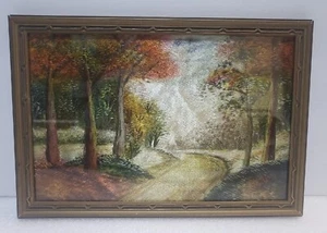 Unigue Vtg Hand Sewn Silk Tapestry 3D Image of Road In Forest 12.5"x8.5" Framed - Picture 1 of 15