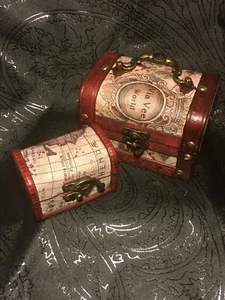 SET of 2 WOODEN MAP ATLAS DESIGN TREASURE CHEST STORAGE JEWELLERY TRINKET BOX - Picture 1 of 9