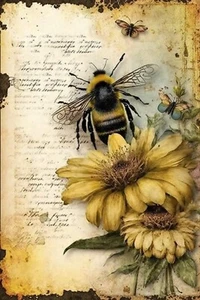 Vintage Bee & Sunflower Ephemera Collage #3 Craft Sewing Cotton Fabric Block - Picture 1 of 1