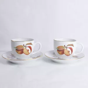 2 x Royal Worcester Evesham Gold Trim Tea Cup & Saucer Set Fruit Apples Berries - Picture 1 of 10