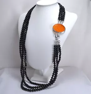 COLLANA IN ARGENTO 925 CON ONICE TRE FILI E GIADA ARANCIO OVALE AGLN 069 - Foto 1 di 3