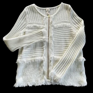 Chico’s Cardigan Sweater Size 2 White Full Zip Textured Fringe Long Sleeve EUC - Picture 1 of 13