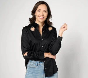 Attitudes by Renee Woven Heart Cutout Shirt-Black-Small A631295 NEW - Picture 1 of 1