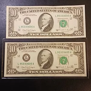 1988 A ($10) Banknotes (2 consecutive) - San Francisco, CA (AU Condition) - Picture 1 of 6