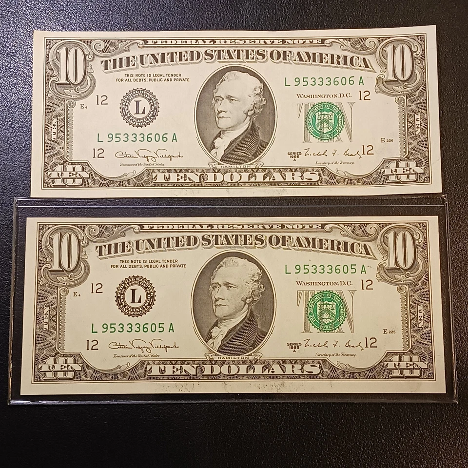 1988 A ($10) Banknotes (2 consecutive) - San Francisco, CA (AU Condition) - Image 1 of 4