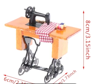 Dollhouse Miniature Wooden Sewing Machine with Checkered Fabric - Picture 1 of 10