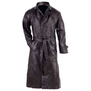 Giovanni Navarre Men's Black Patch Leather Full-Length Trench Coat Duster Jacket