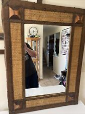 Large Vintage Wall Mirror Boho Bamboo Wicker Rattan Tiki Woven Leather 37.5x28