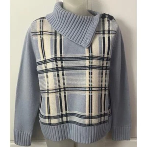 Liz Claiborne Split Neck Sweater Light Blue w/Plaid Wool Blend Size Petite Small - Picture 1 of 6