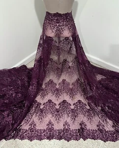 Eggplant pearl Beaded Embroidery bridal Lace Fabric 50” Width 1 Yard - Picture 1 of 6