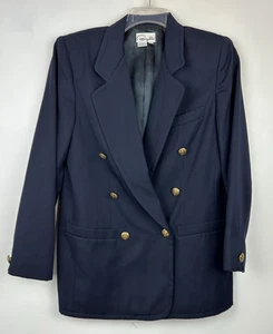 Vintage Double Breasted Blazer Womens 8 Gold Tone Buttons Navy 90s Old Money - Picture 1 of 8