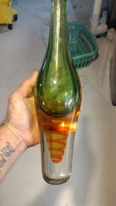 Vintage Green Glass Heavy Vase Orange Swirl 14.5" RARE 5 Lbs 5 Oz - Picture 1 of 14