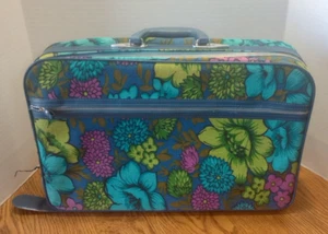 1960's-70's Retro Fabric Flower Power Suitcase Floral Blue/Green - Picture 1 of 11