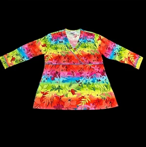 Women's Comfy Cotton Rainbow Floral Vibrant Scrub Top Shirt Medium Hawaiian - Picture 1 of 11