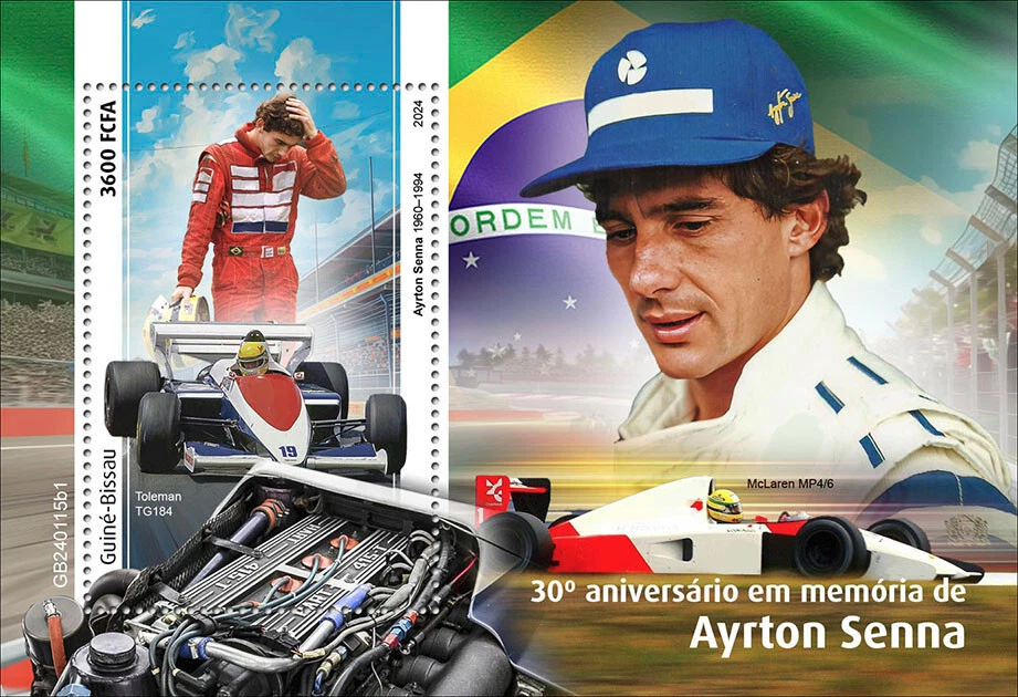 Ayrton Senna 30th Memorial Formula 1 MNH Stamps 2024 Guinea-Bissau S/S - Image 1 of 1