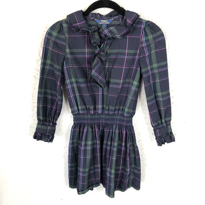 Polo Ralph Lauren Dress Girls 7 Navy Blue Plaid Ruffle Collar Drop Waist Preppy - Image 1 of 4