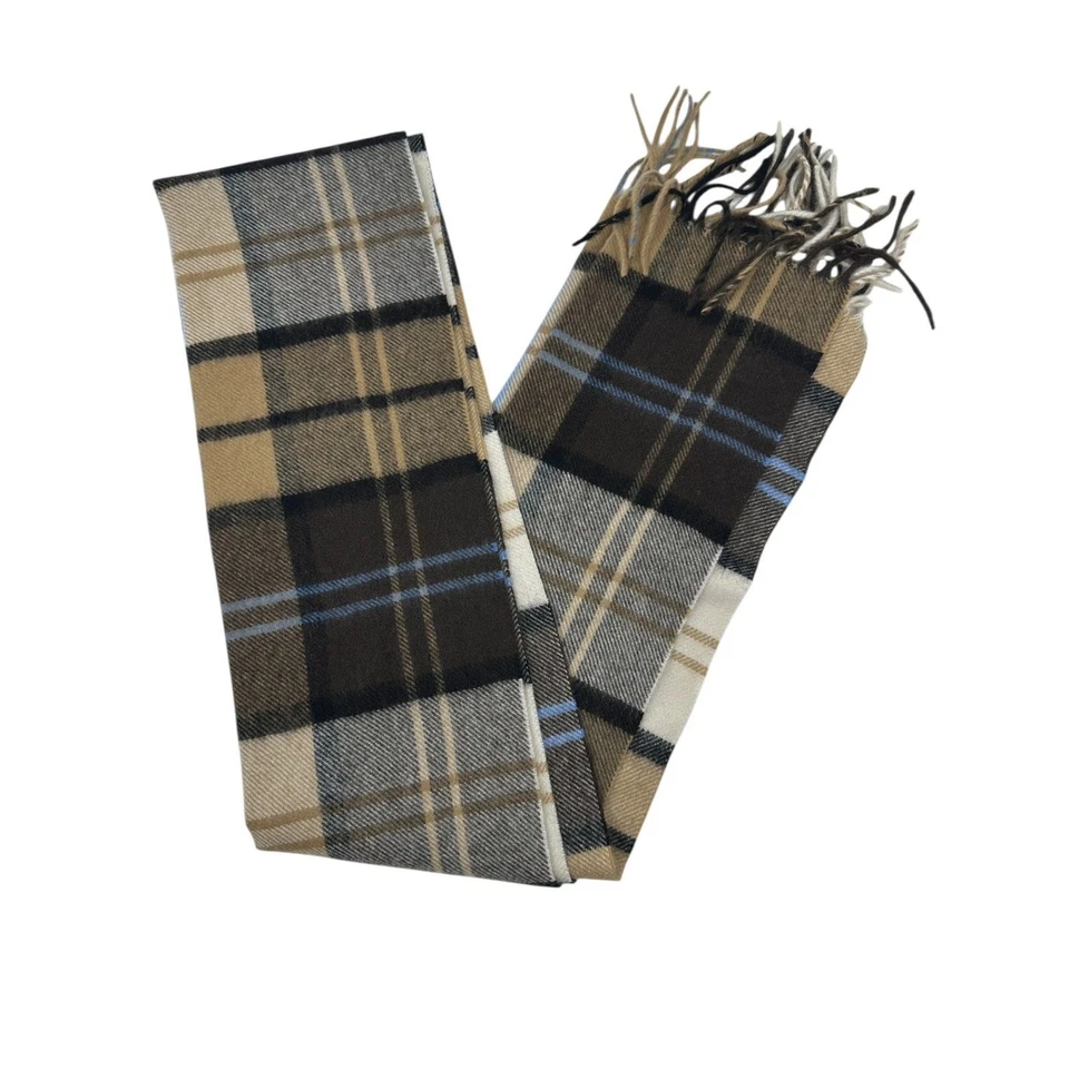 Bufanda borlas a cuadros marrón y azul 100 % cachemir Clubroom unisex nueva sin etiquetas Foto 1 de 4