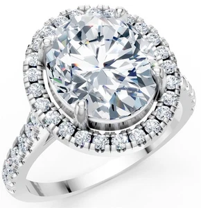 Lab Grown Oval Solitaire Round Diamond VS F 3.60 Carat Halo Engagement Ring Gold - Picture 1 of 10