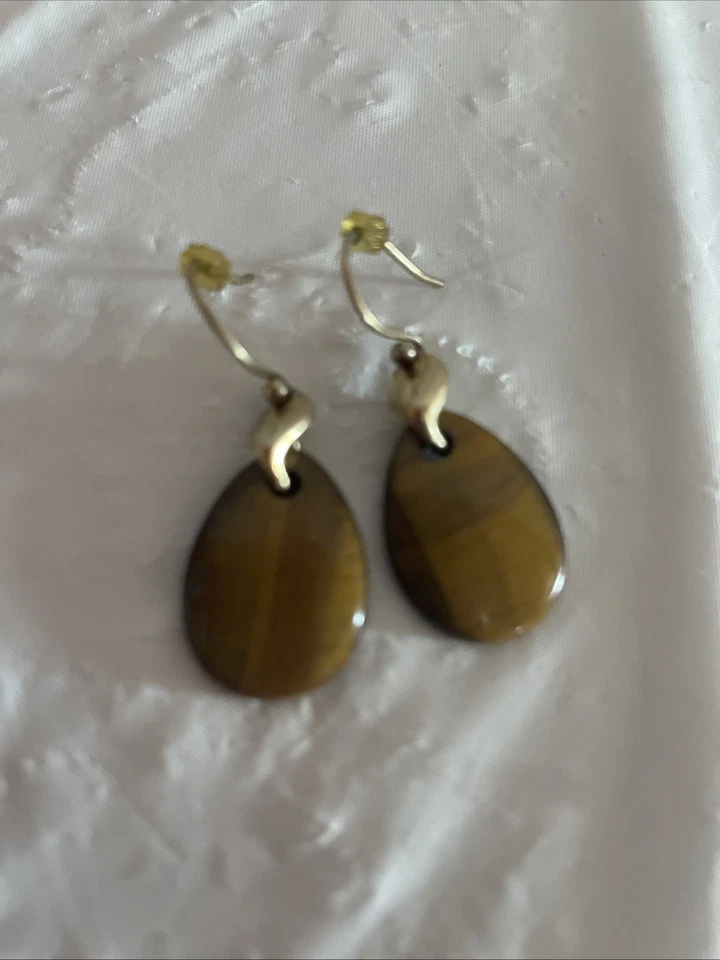 Brincos perfurados pendurados vintage em forma de lágrima Monet olho de tigre genuíno - Imagem 1 de 3