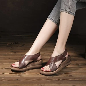 Retro Damen Plateau Echtleder offene Zehenpartie hoher Keilabsatz Sandalen Fersenriemen Gr. - Bild 1 von 19
