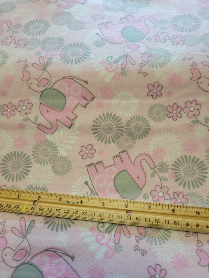 2 Yards Pink Elephant And Bird Flannel Fabric - Image 1 of 1