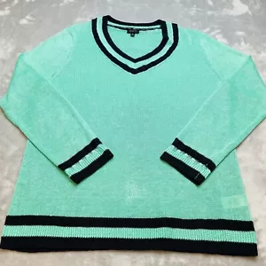 Talbots 100% Linen Sweater Womens L Mint Green V Neck Varsity Stripe Preppy - Picture 1 of 6