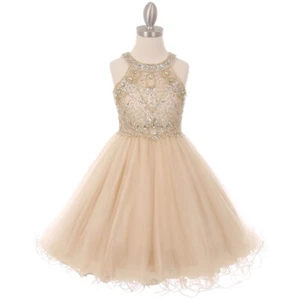 CHAMPAGNE Rhinestone Halter Neck Flower Girl Dress Bridesmaid Formal Birthday - Picture 1 of 4