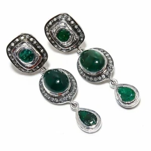 Natural Pave Diamond Emerald Gemstone 925 Sterling Silver Dangle Earring Gifts - Picture 1 of 8