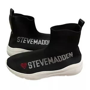 Steve Madden Black Bling Logo Sock Bootie Sneaker Womens Size 9M - Picture 1 of 12