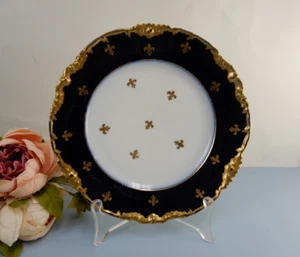 French J.Pouyat Limoges Cobalt Blue Gold Gilt 8-3/4" Plate Fleur De Lis Design - Picture 1 of 5