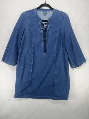Vestido túnica de mezclilla Jill para mujer talla mediana manga 3/4 con cordones bolsillos costeros Foto 1 de 4