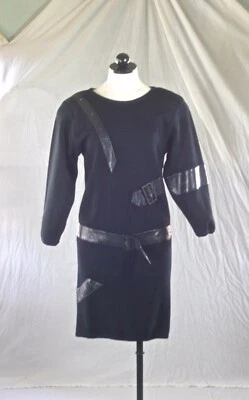 VESTIDO PUNK REBECCA MOSES vintage años 80 negro lana tejido + correas de cuero hebillas xs Foto 1 de 4