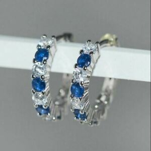 2Ct Lab Created Sapphire & Diamond Huggie Hoop Earrings 14K White Gold Over