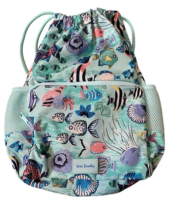 Vera Bradley Deluxe Drawstring Backpack Paisley Wave Fish Aqua Mesh Pockets - Image 1 of 4