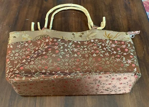 Womens Tote Style Bamboo Handle Purse Handbag Brown Asian Print Vintage Retro - Picture 1 of 6