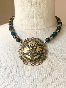 Vintage Damascene Gold Filigree Black Enamel Flower & Bird Pendant Onyx Necklace - Picture 1 of 8
