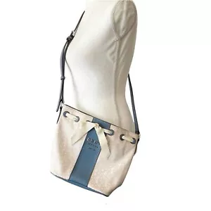 DKNY Ivory Cream and Blue Trims Lace Bow Front Bucket Style Crossbody Purse Bag - Picture 1 of 14